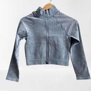 Mono B Women's Cropped Ribbed Jacket Washed Blue Medium